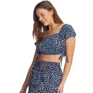 Roxy Dear Amor Crop Top Sz L Blue Dotted Side Cinch Drawstring Short Puff Sleeve